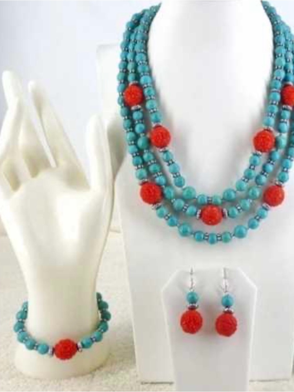 Turquoise and Coral Bead Three-Strand Necklace Set - Women Jewelry